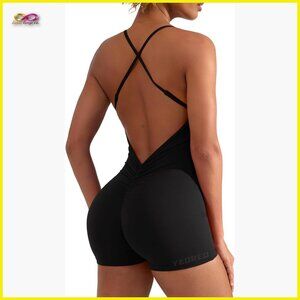 Sleeveless V Back Jumpsuit Tummy Control Scrunch Yoga Romper Workout Wear